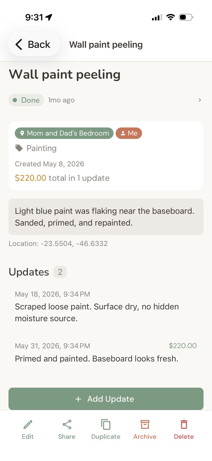 An item's update timeline with dated notes and a cost entry showing the total spent on the repair